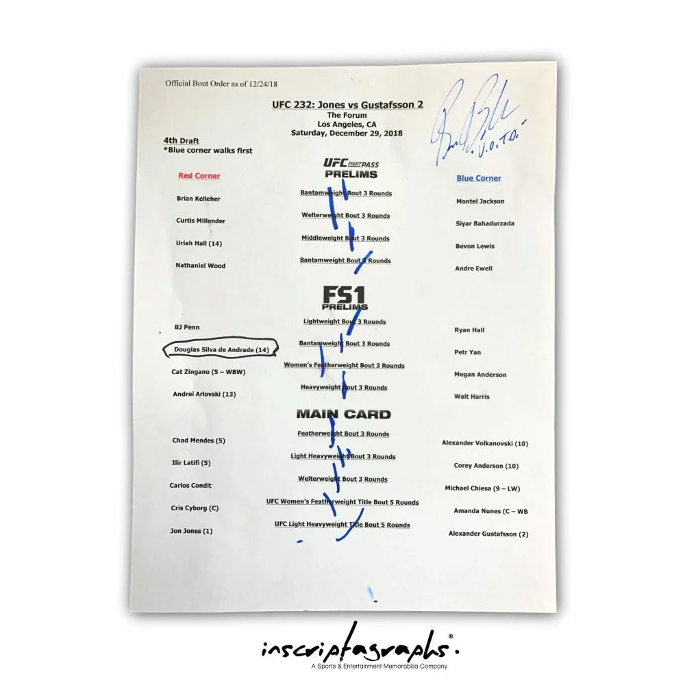 Bruce Buffer UFC 232 Official Bout Order List Card - Authentic Event Used Memorabilia from Jon Jones Fight | Perfect for UFC Collectors and Sports Memorabilia Displays
