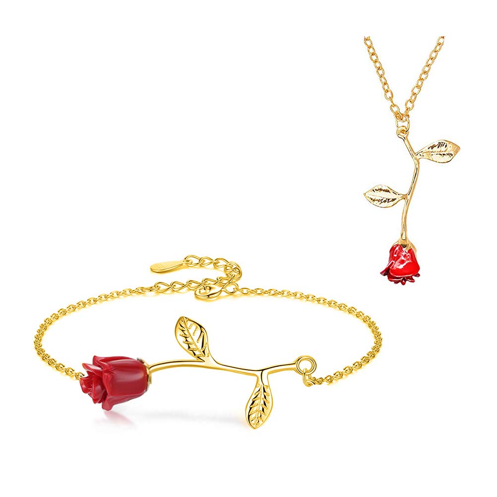 MUZHE 3D Red Rose Flower Pendant Necklace for Women - Romantic Gold Rose Statement Jewelry Gift for Girlfriend, Wife, Gardener | Perfect for Valentine's Day, Anniversary, Birthday & Special Occasions