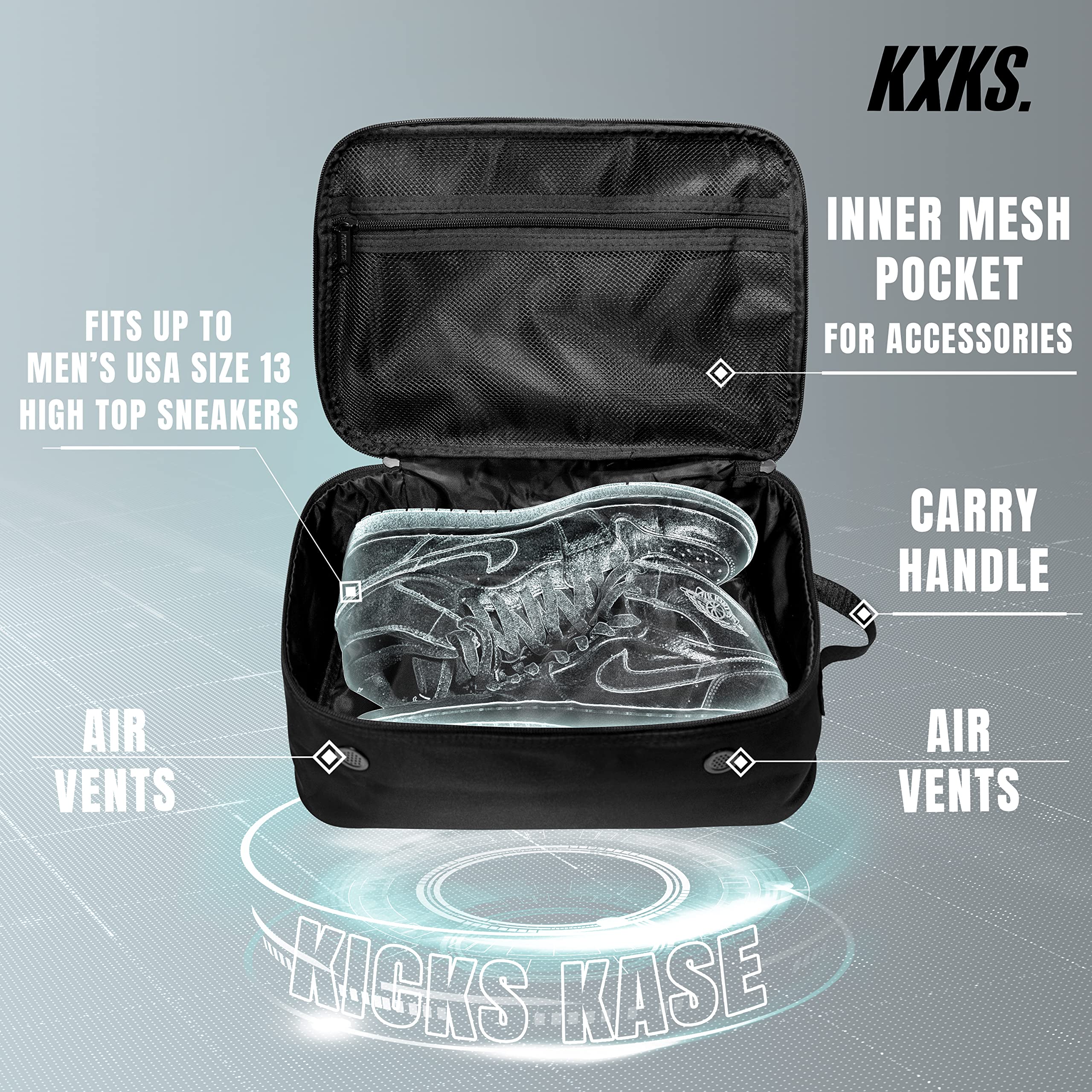 Kicks Kase Sneaker Travel Case - 9L Shoe Storage Bag for Men & Women - Fits Up to US Men's Size 13 - Black - Perfect for Gym, Travel & Sports Gear Organization