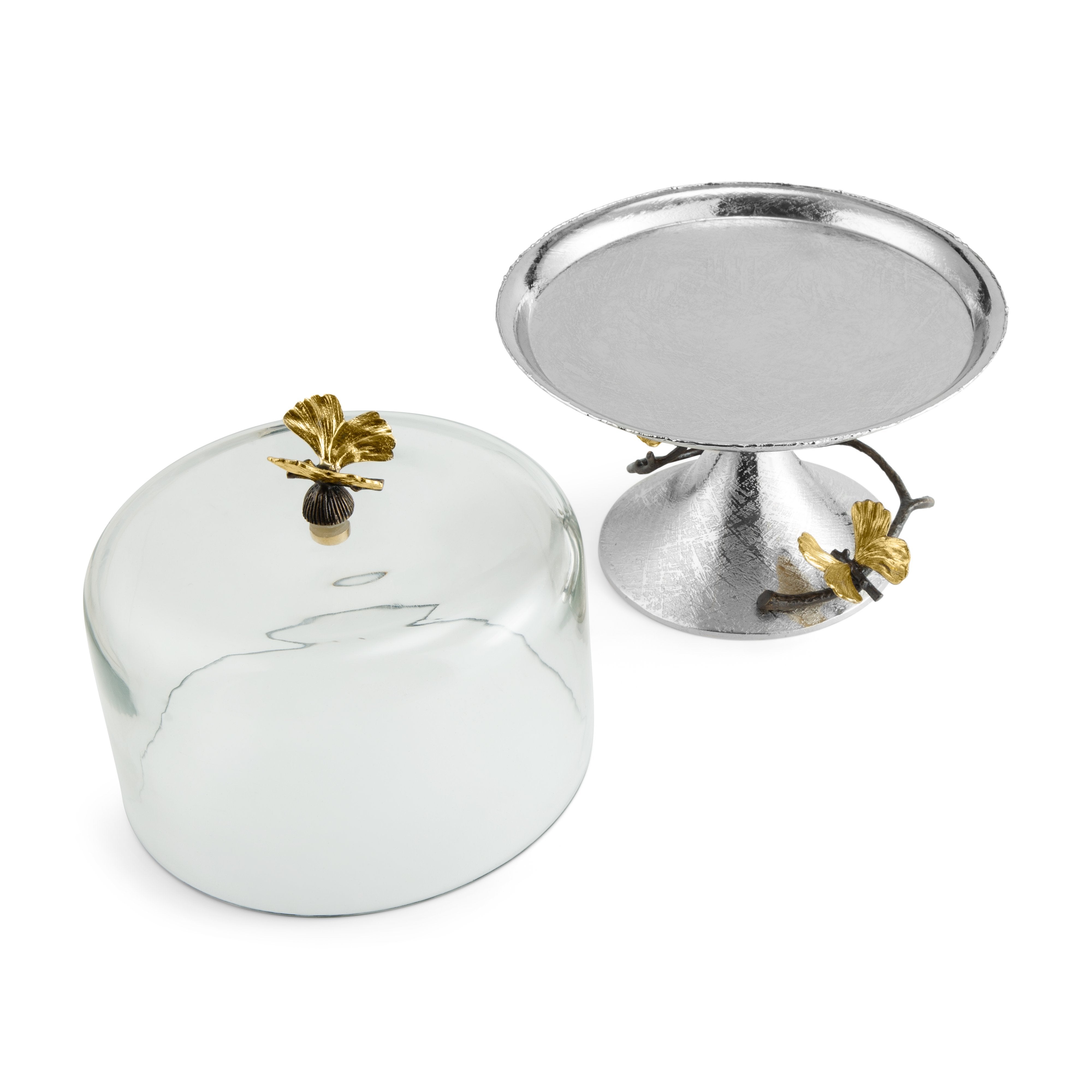 Butterfly Ginkgo Leaf Ceramic Pastry Dish with Glass Dome - Elegant Serving Platter for Desserts, Cakes, and Afternoon Tea Parties