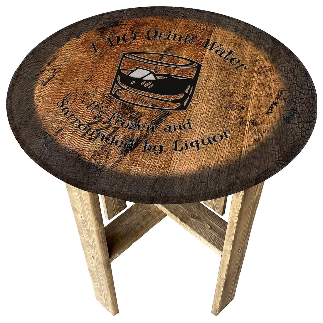 Funny Whiskey Barrel End Table - Rustic Pub Decor, Farmhouse Style Round Side Table for Living Room, Bar, or Man Cave - Perfect Gift for Whiskey Lovers & Home Decor