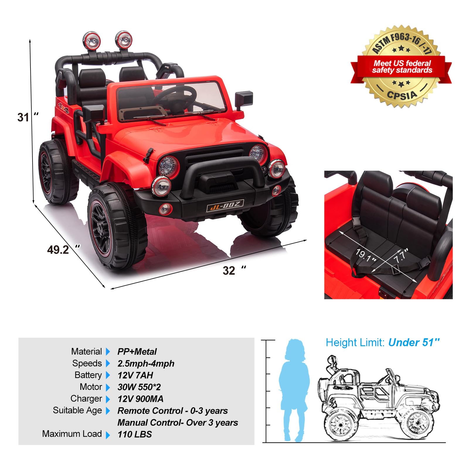 12V Kids Electric Ride On Truck - 2 Seater with Parental Remote Control, MP3 Player & LED Lights | Spring Suspension for Smooth Ride | Perfect for Birthday Gifts & Outdoor Play (Red)