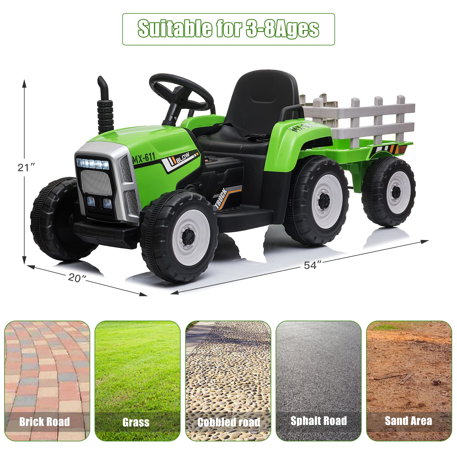 SEHOMY 12V Kids Electric Ride-On Tractor with Trailer - 25W Dual Motor Battery-Powered Toy Car with Parent Remote Control, 3-Speed Gear Shift, LED Lights & Music - Green Power Wheels for Boys & Girls | Outdoor Play, Backyard Fun, Birthday Gift for Toddlers Ages 2-5 Years