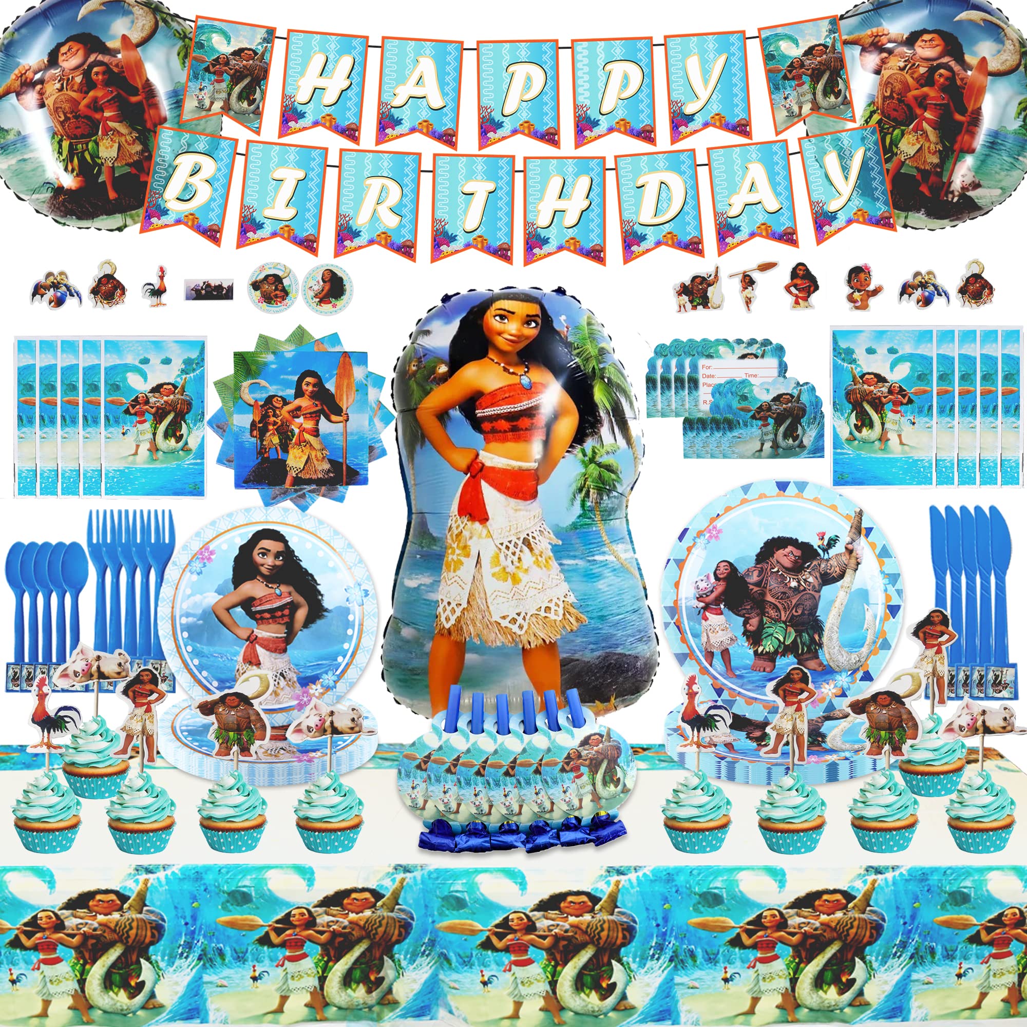 136Pcs Moana Birthday Party Decorations Set - Happy Birthday Banner, Balloons, Invitation Cards, Gift Bags, Blow Dragon, Stickers, Napkins, Plates, Cupcake Toppers & Tablecloth for Boys & Girls - Perfect for Disney Themed Birthday Parties & Kids Celebrations