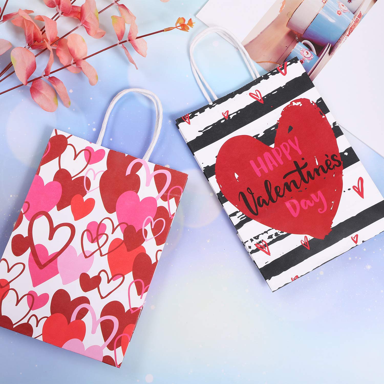 20-Piece Valentine's Day Kraft Paper Gift Bags with Handles - Red & Pink Heart Design for Party Favors, Classroom Treats & Romantic Gift Packaging