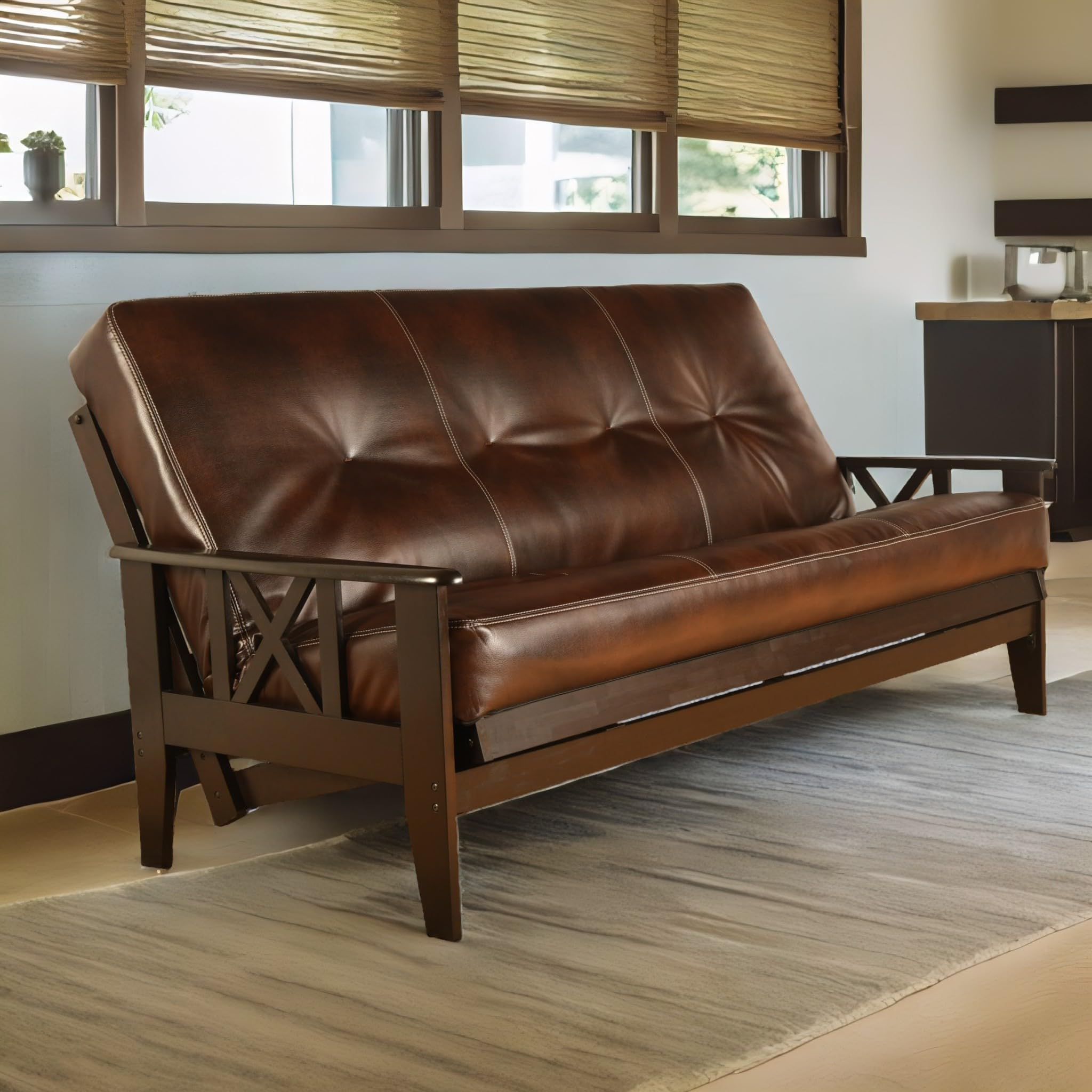 Premium Full Size Chestnut Bonded Leather Futon Cover - Fits 6-8 Inch Mattresses (Cappuccino) | Durable & Stylish Sofa Bed Protector for Living Rooms, Guest Rooms & Dorms