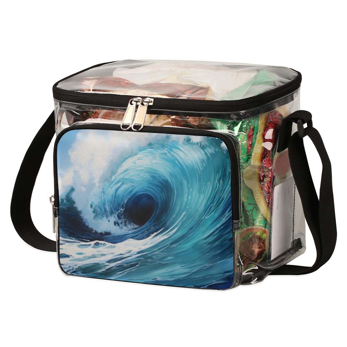 GzLeyigou Transparent Blue Wave Print Tote Bag with Handles - Waterproof Clear Shoulder Bag for Beach, Travel, Picnic, Concerts & Sports Events | Stadium Approved Crossbody Lunch Bag for Women & Men