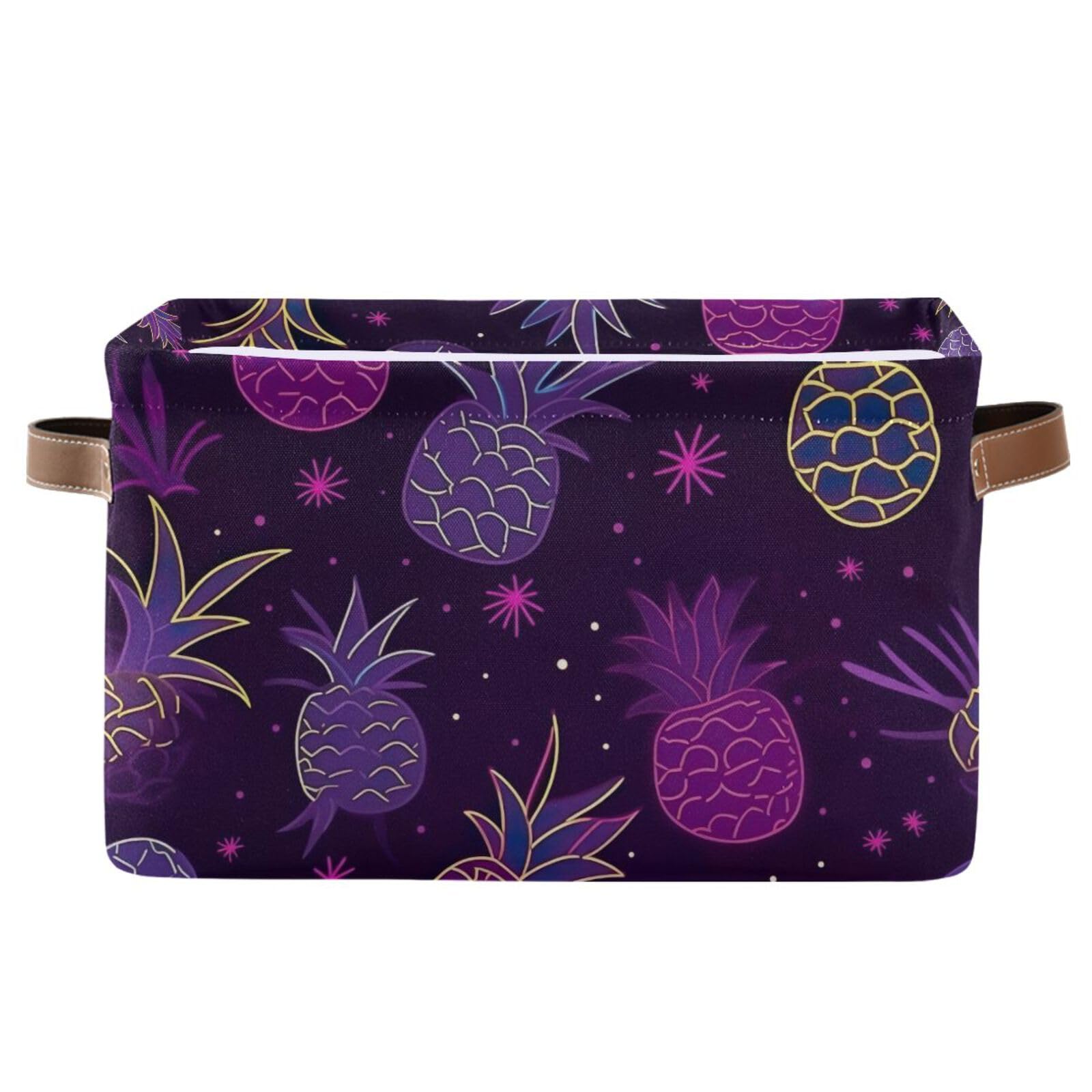 Foldable Canvas Storage Baskets with Handles - 2 Pack Rectangle Pineapple Design Fabric Organizer for Clothes, Home & Office Organization - Perfect for Closet Shelves, Bedroom Decor and Seasonal Storage