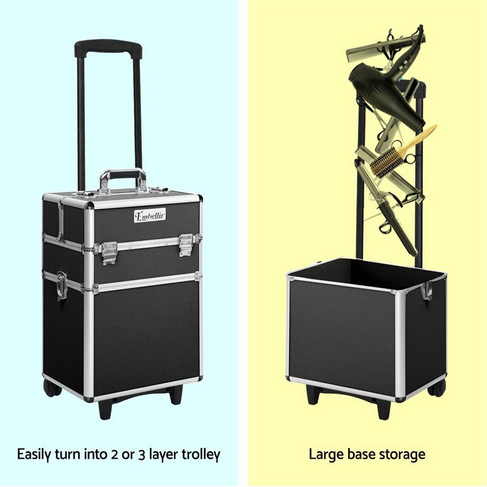 Embellir Professional Makeup Case with Wheels - Large Cosmetic Organizer for Travel & Salon - Black Beauty Trolley for Makeup Artists & Stylists