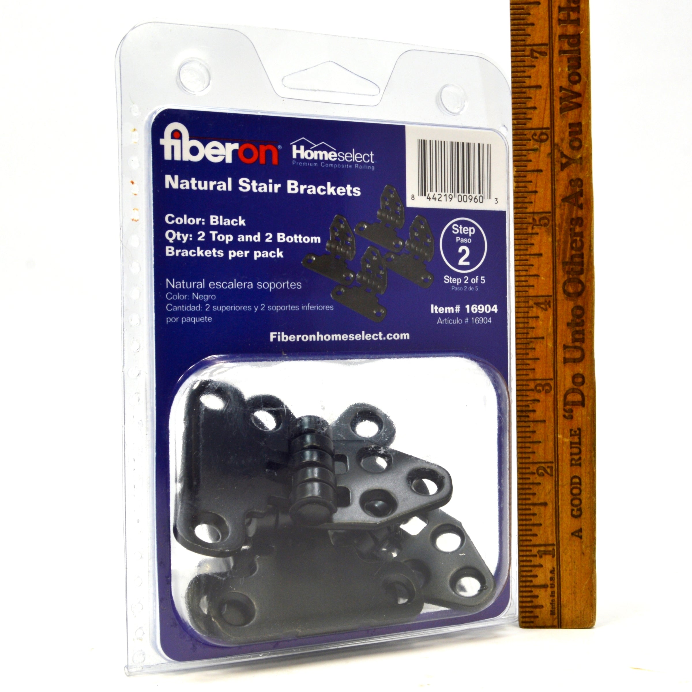 FIBERON Natural Stair Brackets No. 16904 - Black (2 Top & 2 Bottom) - Heavy Duty Metal Stair Support for Outdoor Deck & Staircase Construction