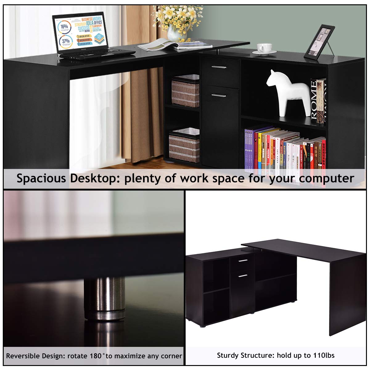 Tangkula Rotating L-Shaped Desk - Large Wooden Computer Desk for Home Office with Storage Shelves | Perfect for Small Spaces, Gaming & Study Setup