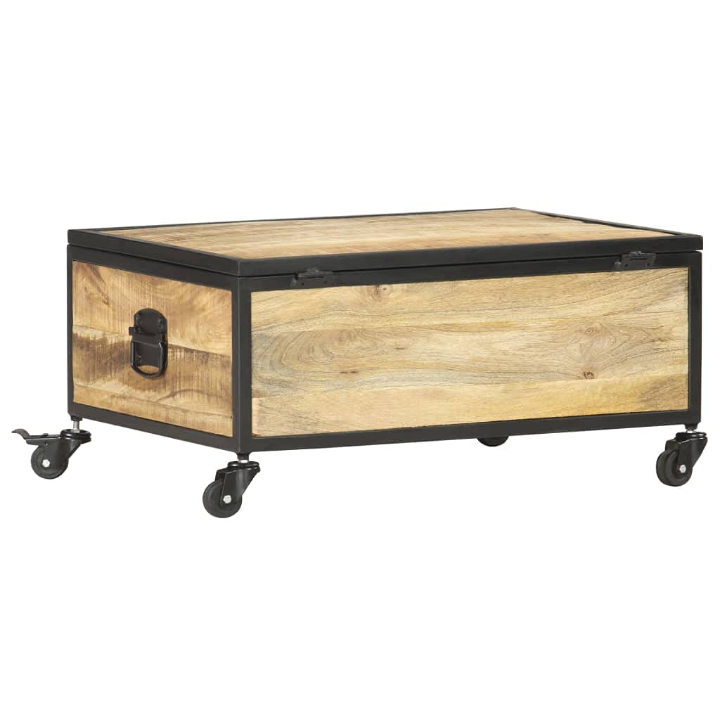 Solid Mango Wood Coffee Table with Wheels - Rectangular Brown Rustic Living Room Furniture - Large Storage Space, Easy Assembly & Durable Design for Home, Office or Outdoor Use