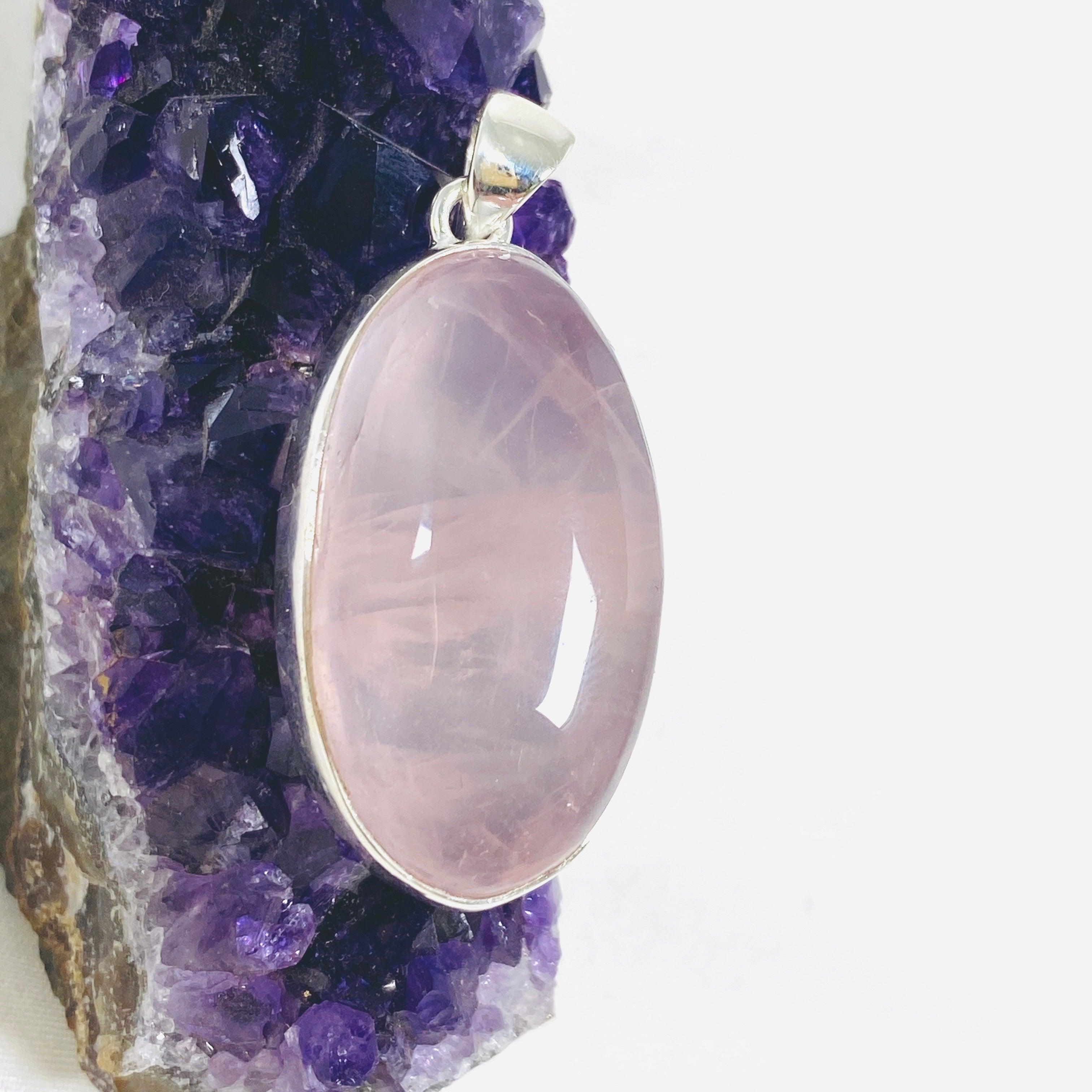 Natural Rose Quartz Oval Pendant Necklace - Healing Crystal Jewelry for Women - Elegant 925 Sterling Silver Chain - Perfect for Meditation, Yoga & Spiritual Gifts