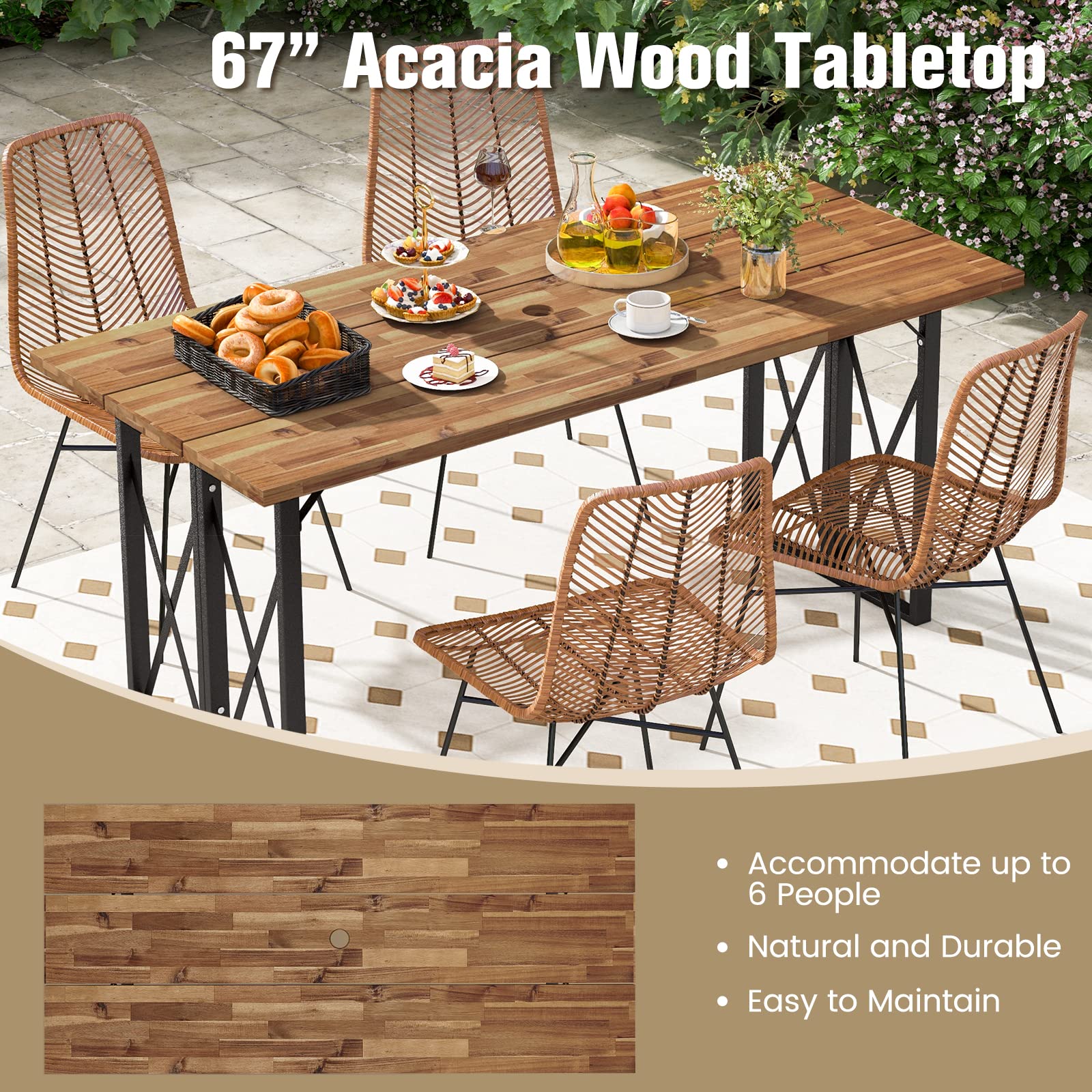 Tangkula 67 Inch Acacia Wood Outdoor Dining Table with Umbrella Hole - Heavy-Duty Metal Frame Patio Table for 6 - Perfect for Backyard BBQ, Garden Parties & Indoor Outdoor Entertaining
