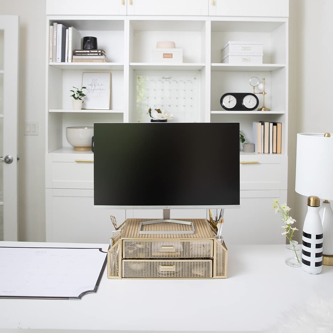 Blu Monaco Gold Monitor Stand with Drawer - Desk Organizer for Laptop & Computer