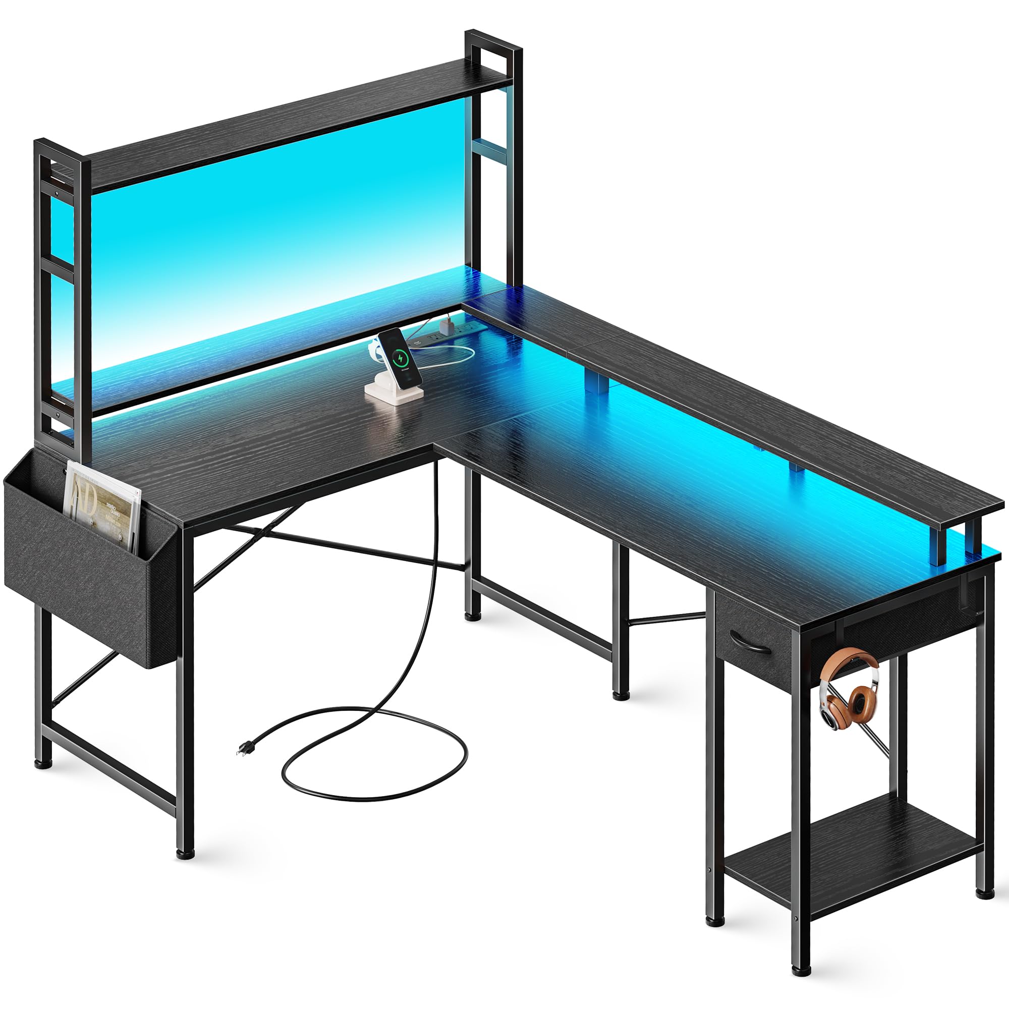 Huuger L-Shaped Gaming Desk with LED Lights & Power Outlets, Computer Corner Desk with Storage Shelves for Home Office, Bedroom, or Gaming Setup - Black | Perfect for Small Spaces & Multi-Monitor Workstations