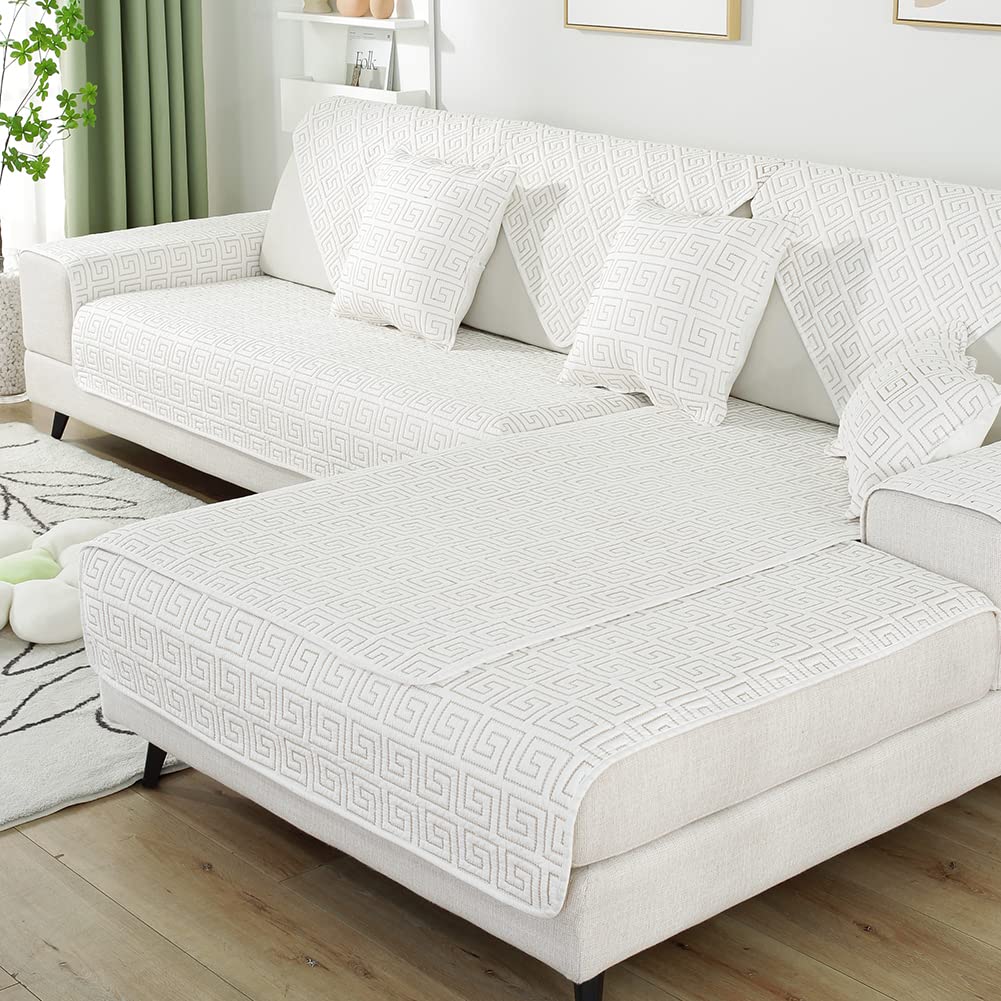 VCTOPS Geometric Embroidery Cotton Sofa Cover - Non-Slip Quilted Sectional Couch Protector - Farmhouse Style Solid Color Slipcover for Living Room (36