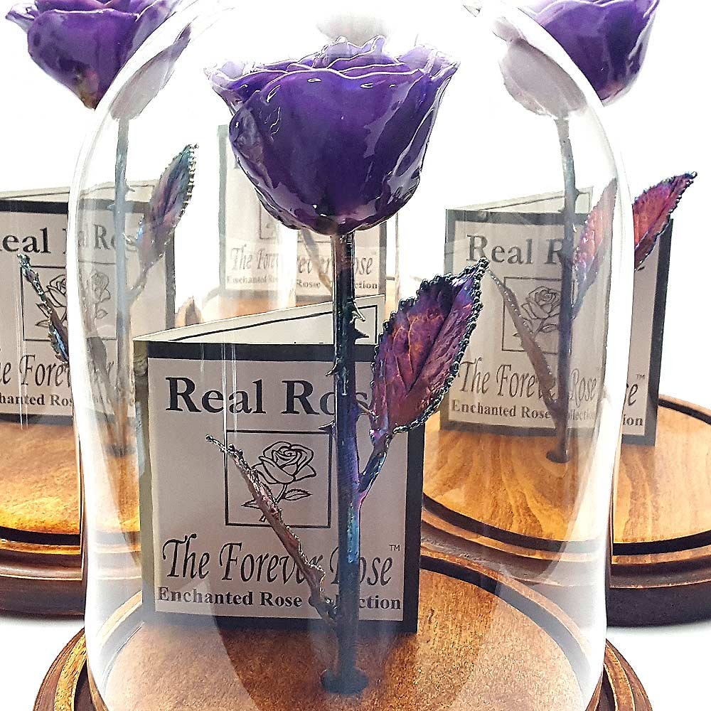 Forever Rose Enchanted Purple Preserved Rose in Glass Dome - Hand-Dipped Lacquer Rose with Copper Stem | Beauty and The Beast Inspired Flower | Romantic Gift for Women, Men, Anniversaries & Valentine's Day | Home Decor, Wedding Centerpiece & Luxury Gift Idea