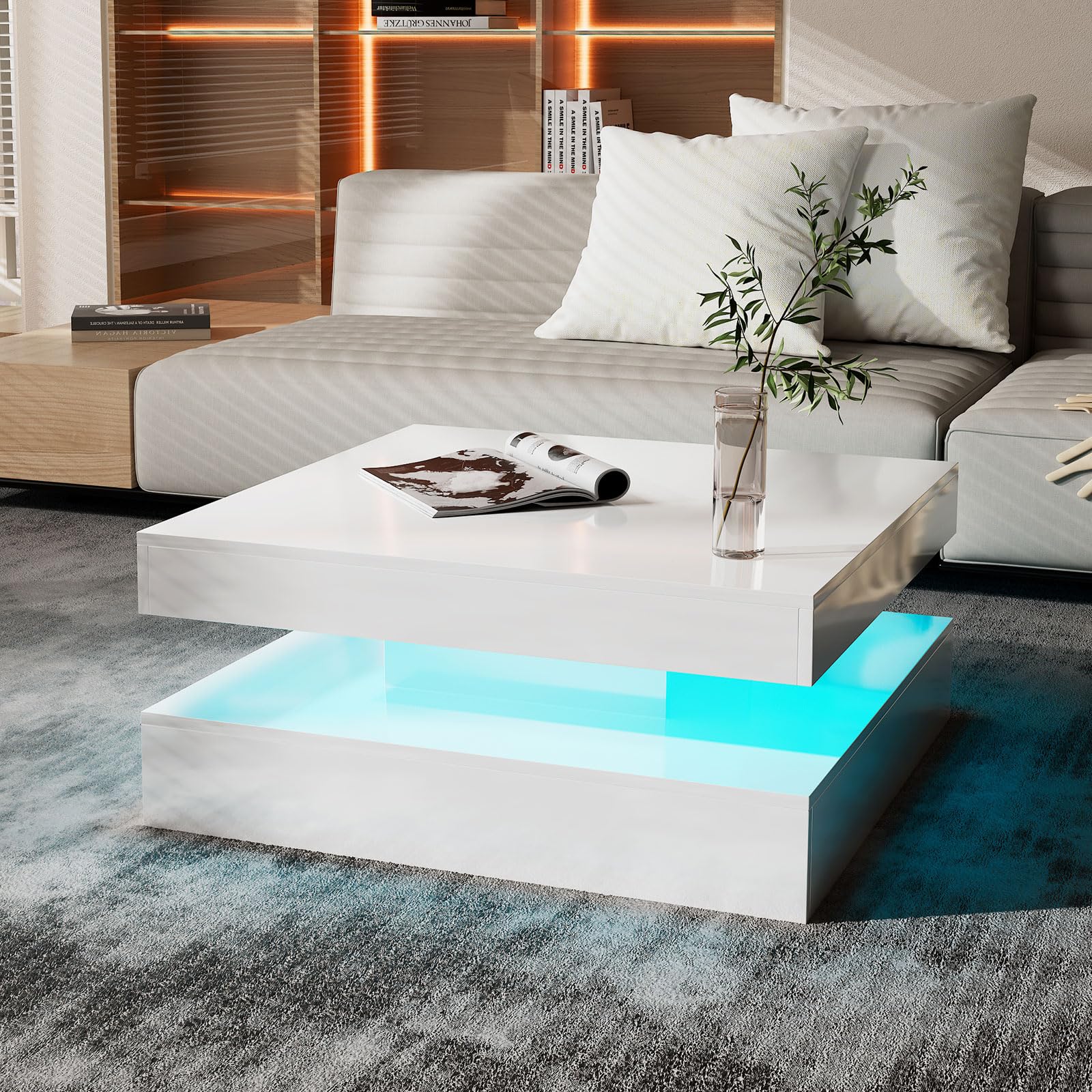 Modern White LED Coffee Table with Storage - 2-Tier Square Living Room Center Table, High Gloss Contemporary Wood Design for Dining & Reception Areas | Perfect for Small Spaces, Apartments and Modern Home Decor