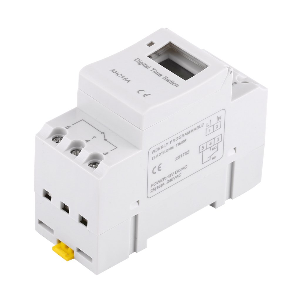 12V AC/DC Digital LCD Programmable Timer Relay Switch - DIN Rail Mount with 16 ON/OFF Settings for Daily & Weekly Use - Perfect for Industrial Appliances, Lighting Control, and Home Automation Systems