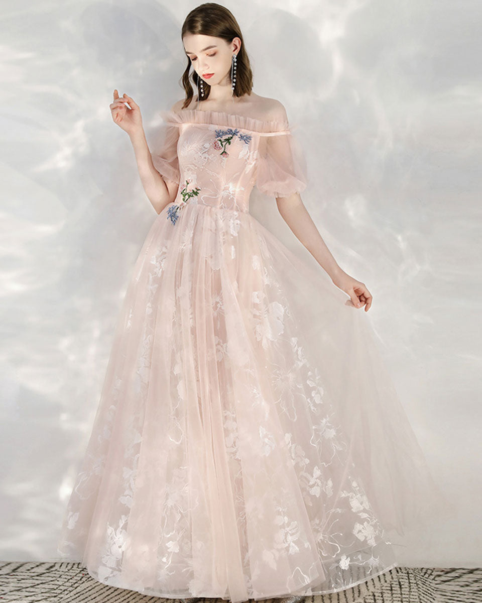 Elegant Pink Tulle Lace Off-Shoulder Long Prom Dress for Women - Formal Evening Gown for Homecoming, Wedding, Ball Gala & Special Occasions