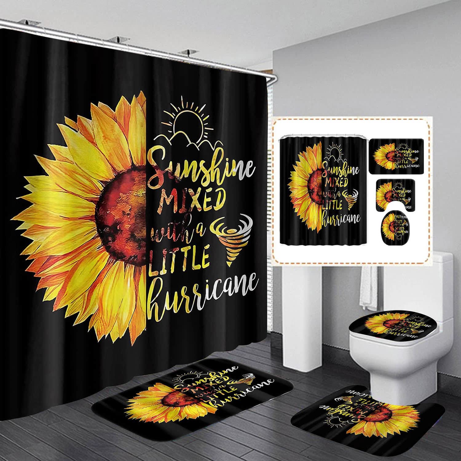 4Pcs Sunflower Bathroom Set with Hummingbird Design - Waterproof Shower Curtain, Non-Slip Rug, Toilet Cover & Bath Mat - Cute Bathroom Decor for Girls, Women - Perfect for Home, Apartment & Dorm Use