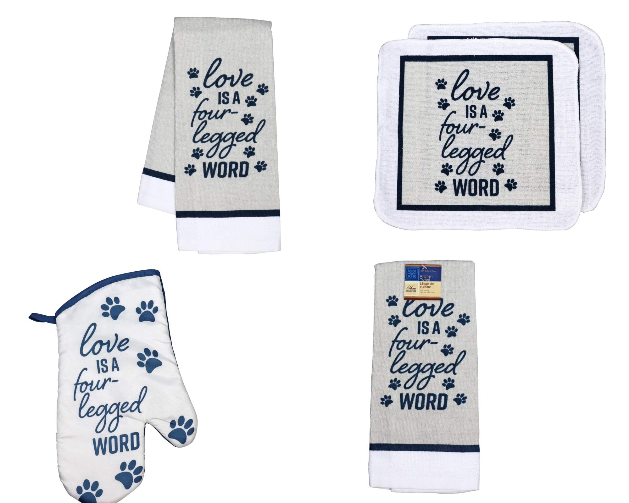 Greenbrier 'Love is a Four Legged Word' 5-Piece Kitchen Decor Set for Pet Lovers - Includes 2 Towels, 2 Scrubber Dish Cloths & 1 Oven Mitt - Perfect for Dog & Cat Owners' Kitchens