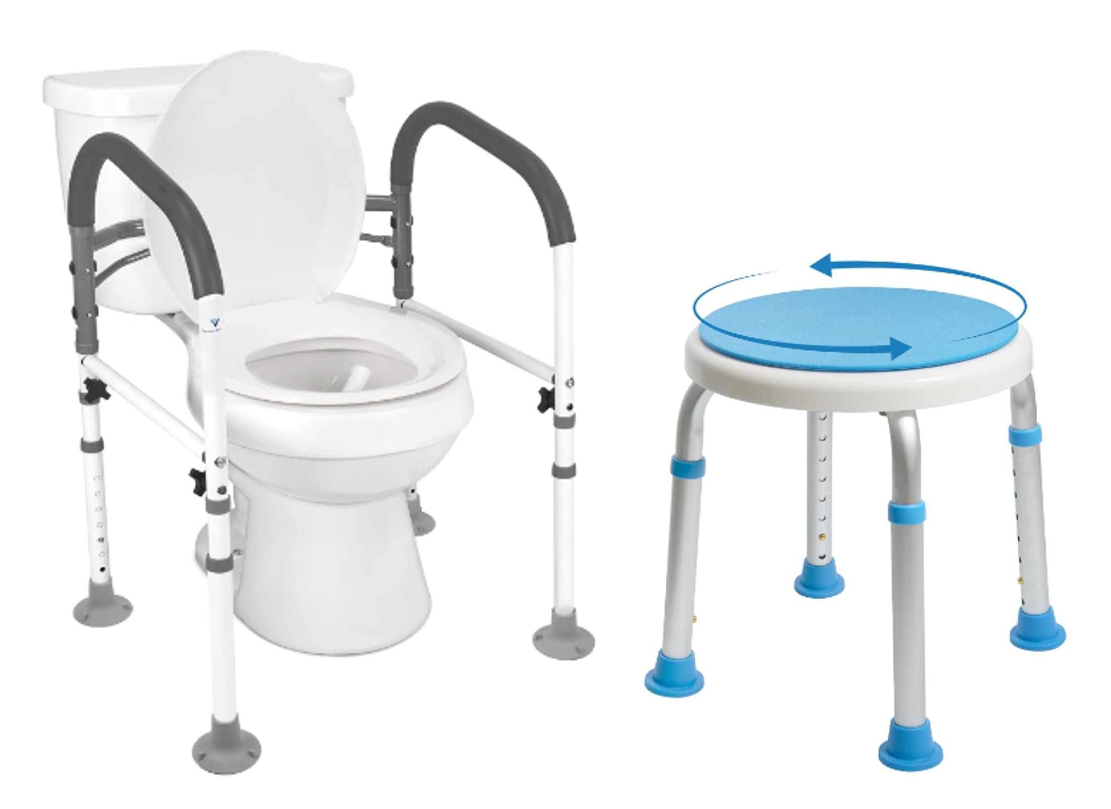 Vaunn Deluxe Folding Safety Toilet Rail with Adjustable Frame & Tool-Free Swivel Shower Stool Seat Bundle - Elderly Bathroom Safety Aid for Seniors, Disabled & Post-Surgery Recovery