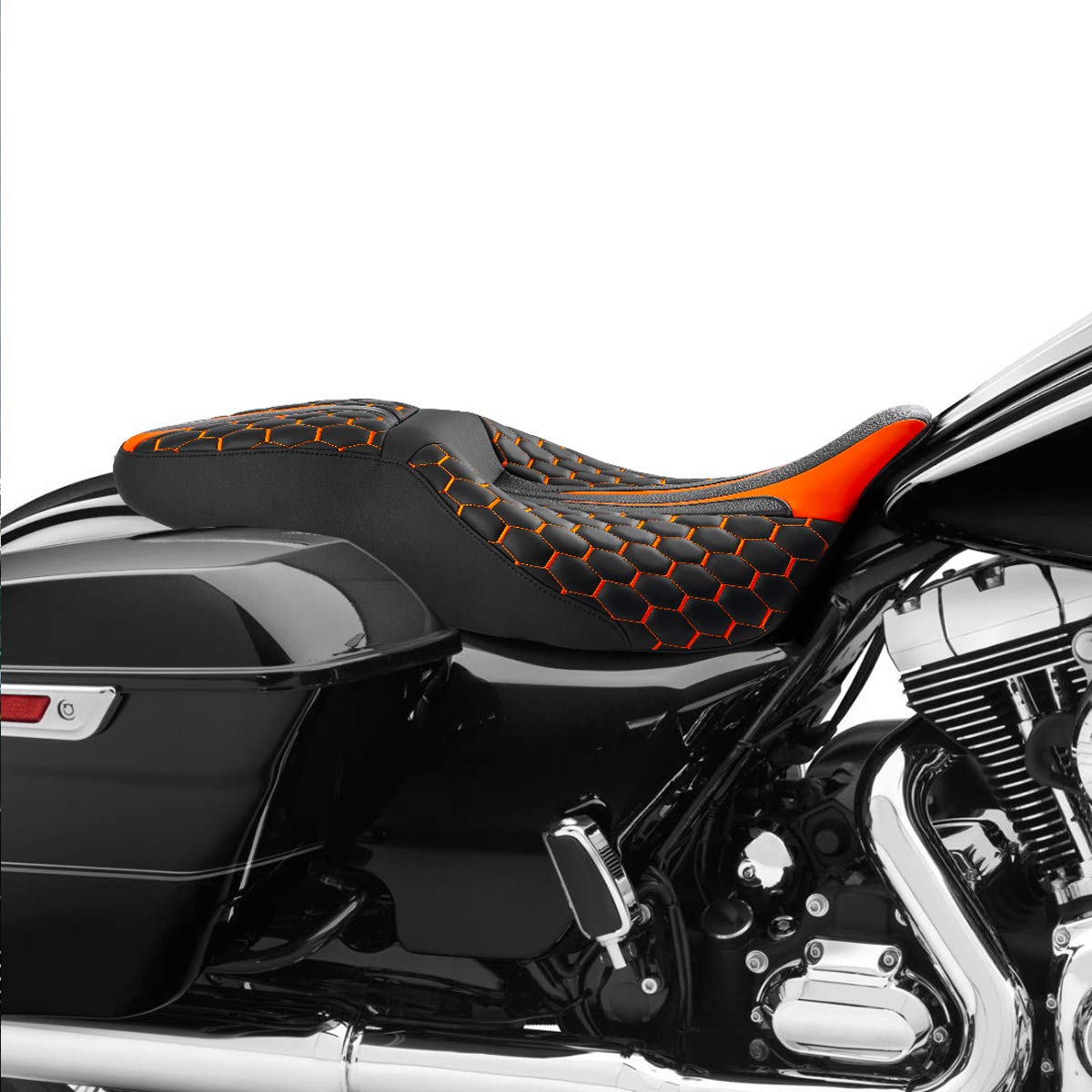 Premium Hexagon Stitched Low-Profile Touring Seat for Harley Davidson Road King, Street Glide, Road Glide, Electra Glide & CVO (2009-2020) - Comfortable Orange Motorcycle Seat for Long Rides & Road Trips