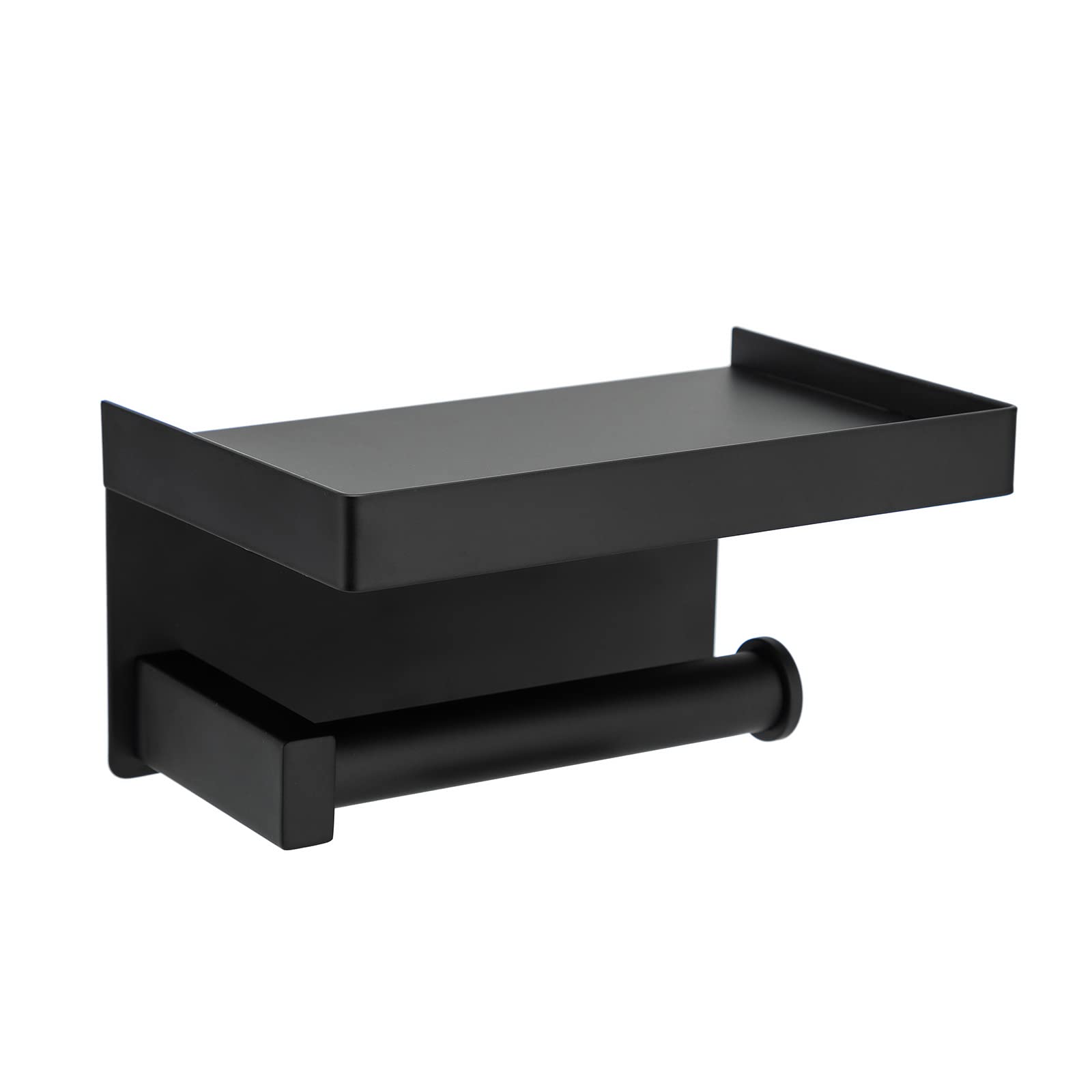 Premium SUS304 Stainless Steel Toilet Paper Holder with Shelf - Matte Black Wall Mount Bathroom Tissue Roll Hanger - Strong Adhesive & Durable for Home, Office, Hotel Restroom Organization