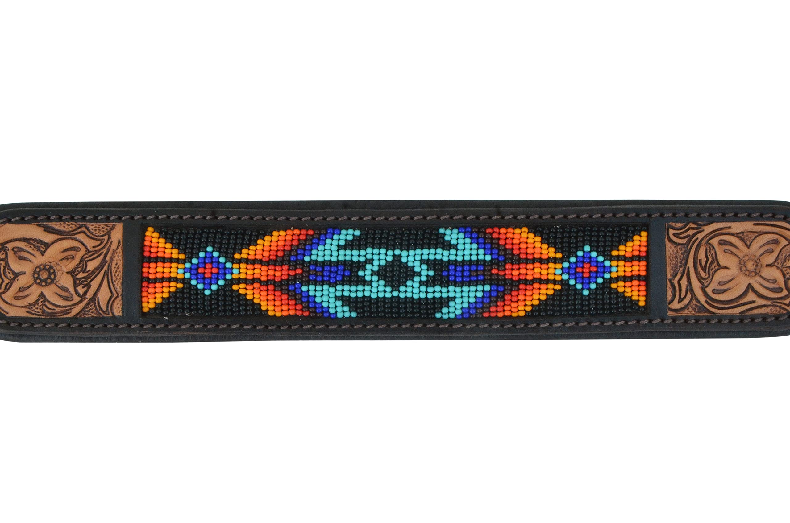 Western Style Leather Dog Collar - Heavy Duty Hand Tooled Adjustable Beaded Padded Soft Collar for Puppies & Large Dogs (10AB016) - Perfect for Training, Walks & Outdoor Adventures