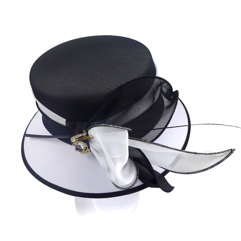 Elegant Black & White Derby Hats with Feather for Women | Formal Church & Wedding Hats | Stylish Bucket Hat for Sunday Service, Tea Party & Special Occasions