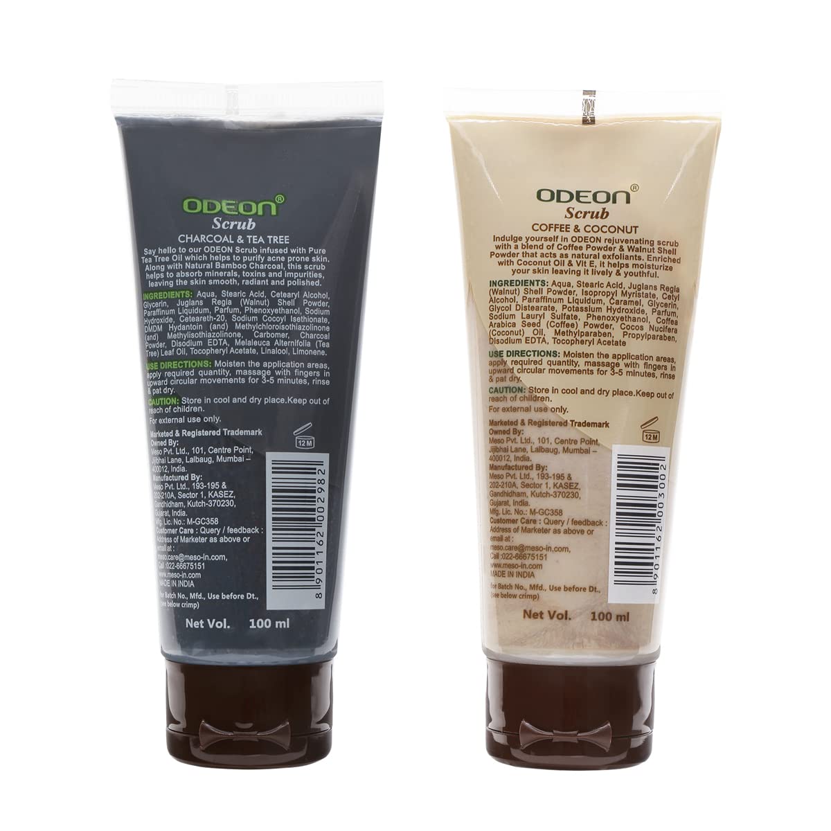 Odeon Charcoal & Tea Tree Oil Body Scrub + Coffee Coconut Scrub Duo (100ml x 2) - Exfoliating & Moisturizing for Smooth Skin - Perfect for Spa Day & Self-Care Routine