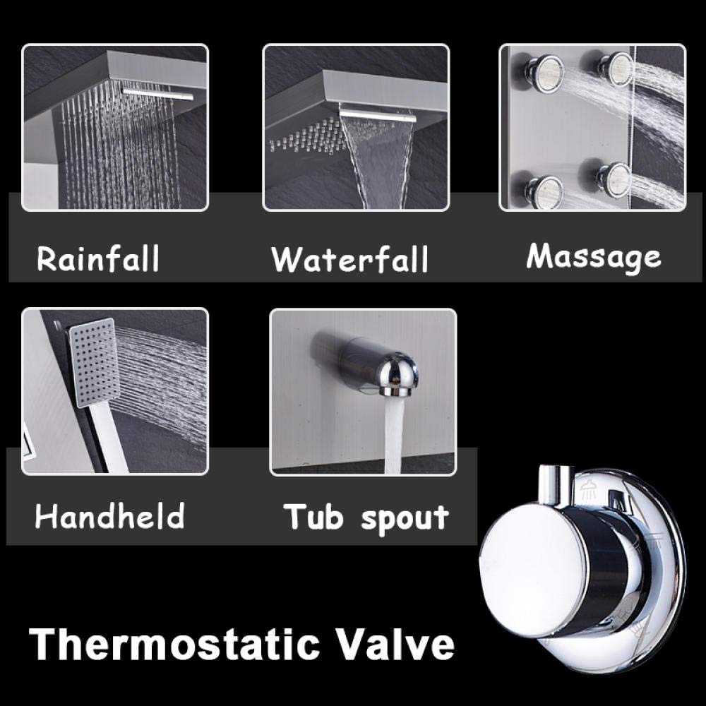 Black Thermostatic Shower Panel with Rain Shower Column, 6 Massage Jets & Hand Shower - Waterfall Tub Spout for Luxurious Bathroom Upgrade | Perfect for Master Bath, Spa-Like Experience & Modern Home Renovation