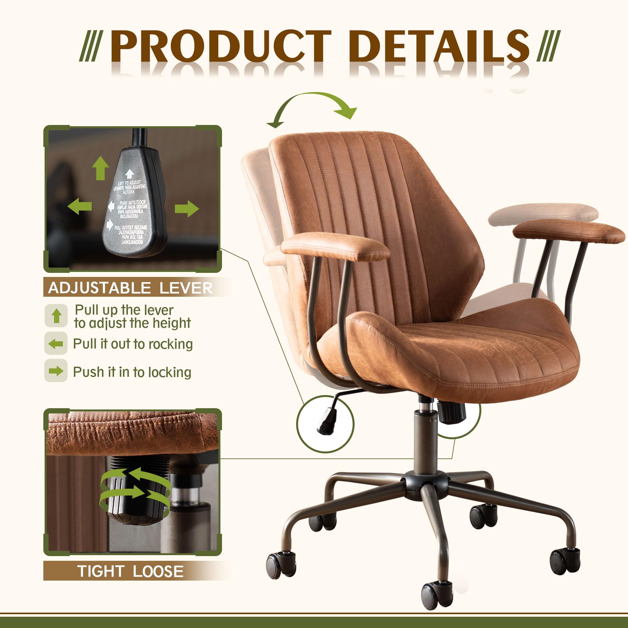Ergonomic High Back Office Chair - Modern Swivel Desk Chair with Lumbar Support, Adjustable Height & Brown Suede Fabric - Perfect for Home Office, Gaming & Workspace Comfort