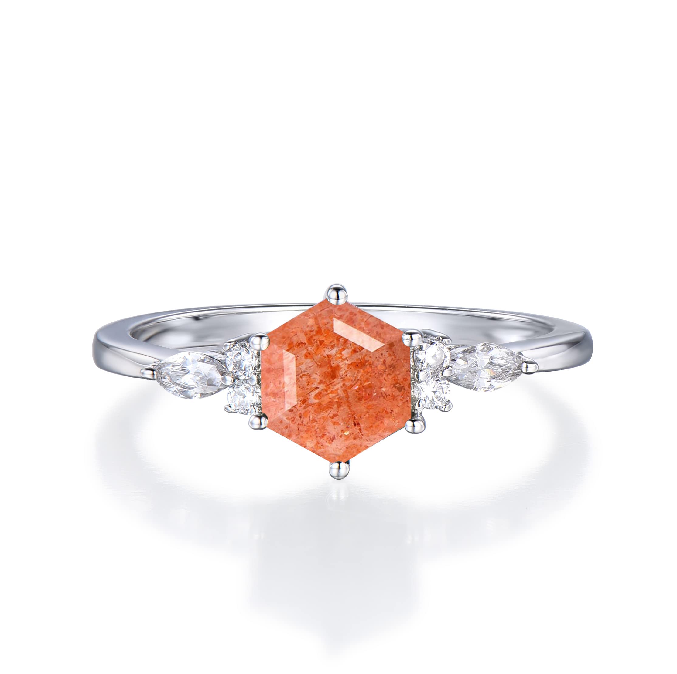 Genuine Sterling Silver Hexagon Cut Sunstone Ring with Rose Gold Cluster - Orange Stone Engagement Ring for Women, Size 4-10 - Perfect for Birthdays, Anniversaries & Special Occasions - Comes with Gift Box