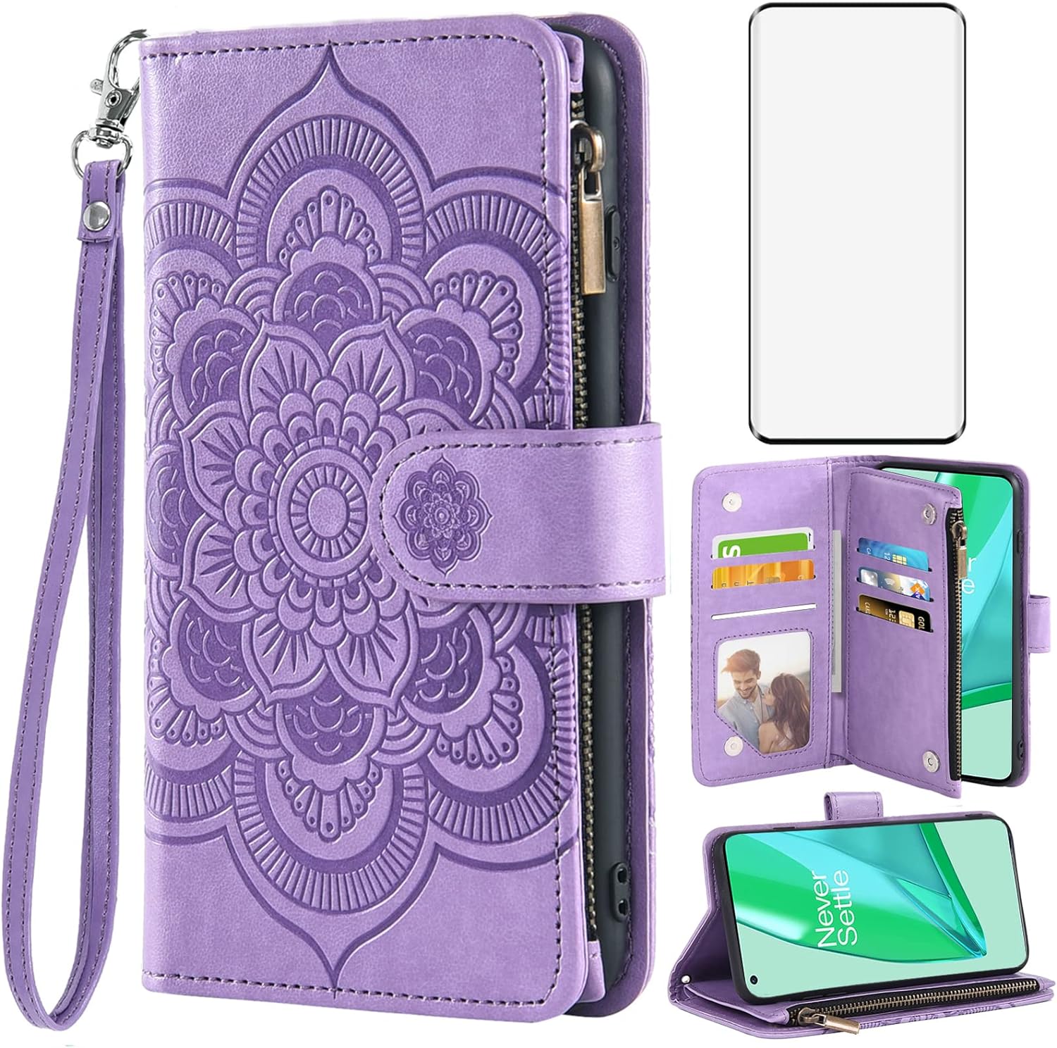 OnePlus 9 Pro 5G Wallet Case with Tempered Glass Screen Protector - Premium Leather Card Holder & Anti-Scratch Cover for OnePlus 9 Pro (2021 Model) - Perfect for Business, Travel & Everyday Use