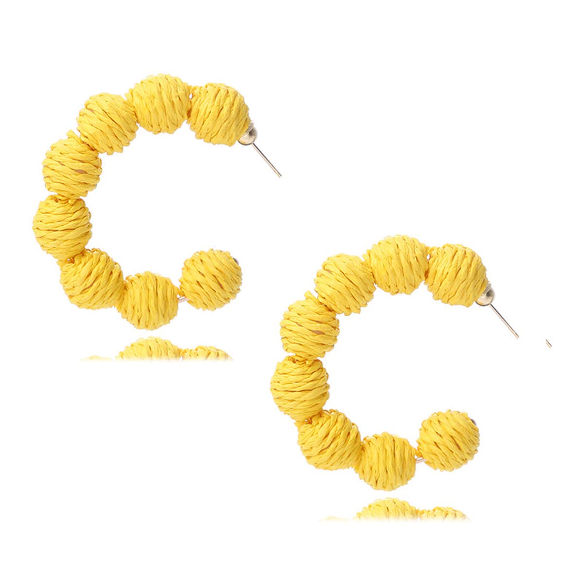 Handmade Rattan Ball Beaded Drop Dangle Earrings - C-Shaped Straw Wicker Raffia Hoop Earrings for Women | Summer Beach Jewelry, Boho Festival Accessories, Vacation & Party Wear
