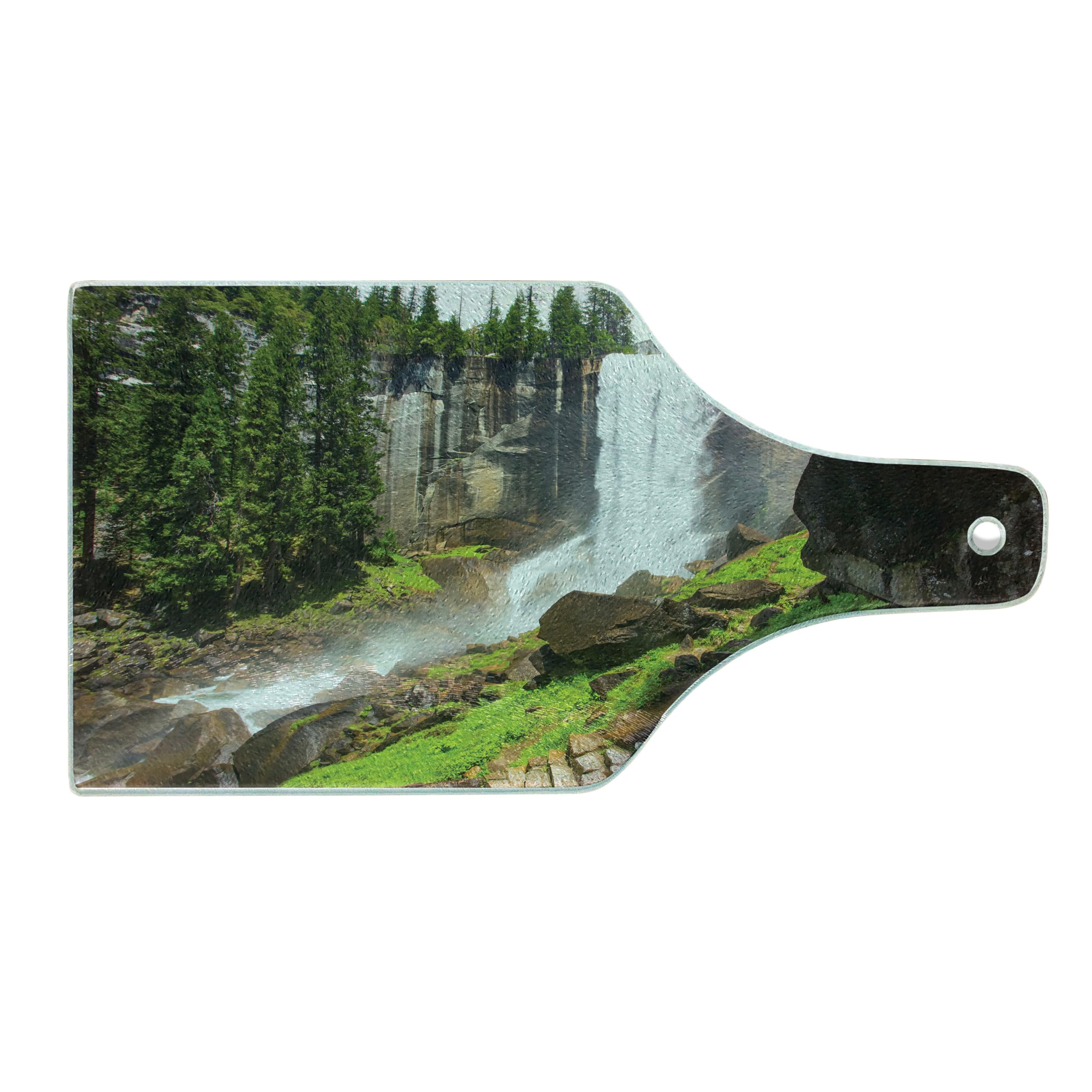 Ambesonne Yosemite Tempered Glass Cutting Board - Vernal Fall Yosemite National Park Scenic Photo Design - Decorative Serving Board for Kitchen, Charcuterie & Cheese - Wine Bottle Shape in White & Green - Perfect for Home Decor, Dinner Parties & Gifts