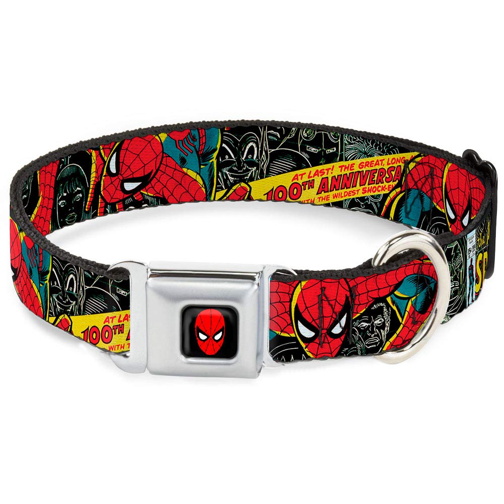 Buckle-Down Spider-Man 100th Anniversary Dog Collar - 1 Inch Wide Adjustable Pet Collar for Small Dogs (9-15