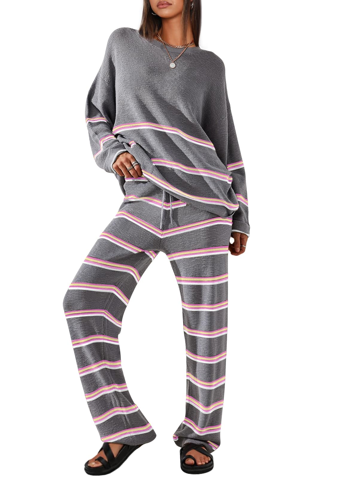 LILLUSORY Women's 2-Piece Oversized Fall Lounge Set - Striped Knit Sweater & Long Sleeve Pullover | Cozy Outfit for Home, Work & Casual Wear | 2023 Fashion Trend