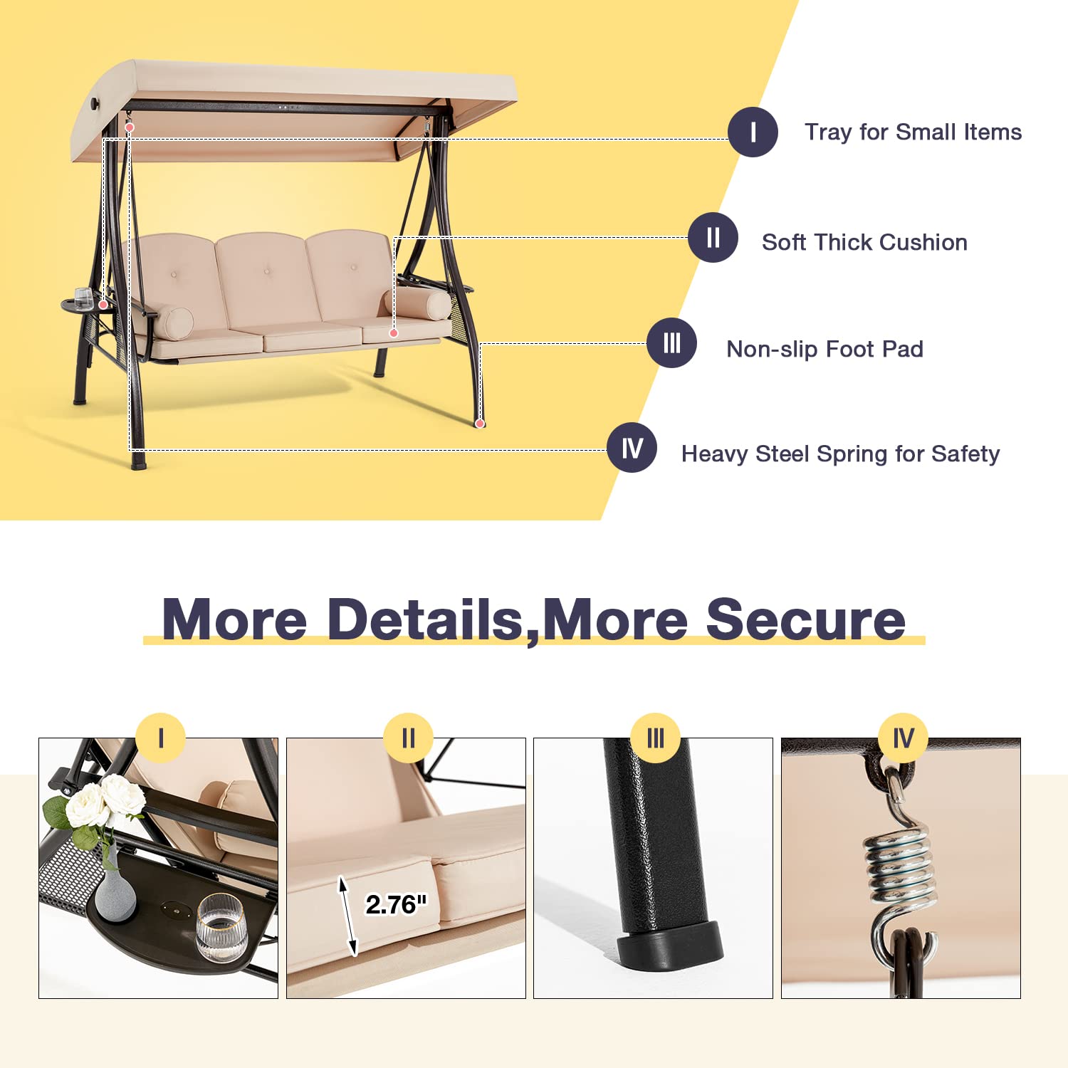 HOMREST 3-Person Outdoor Porch Swing with 1.5