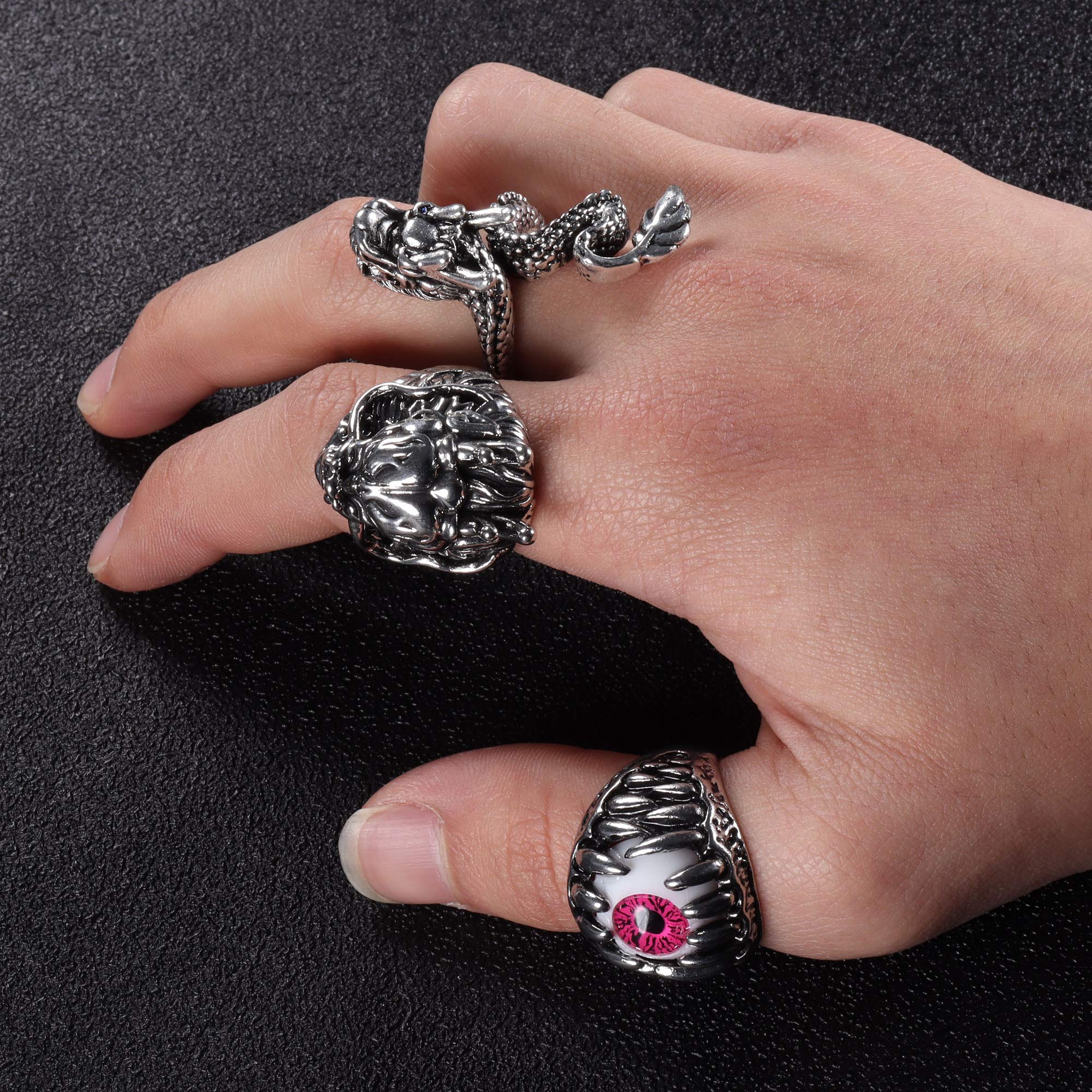 Vintage Punk Rings Set for Men & Women - 16 Piece Gothic Jewelry with Dragon, Snake, Skull & Octopus Designs - Adjustable Silver & Black Rings for Alternative Fashion, Halloween & Cosplay