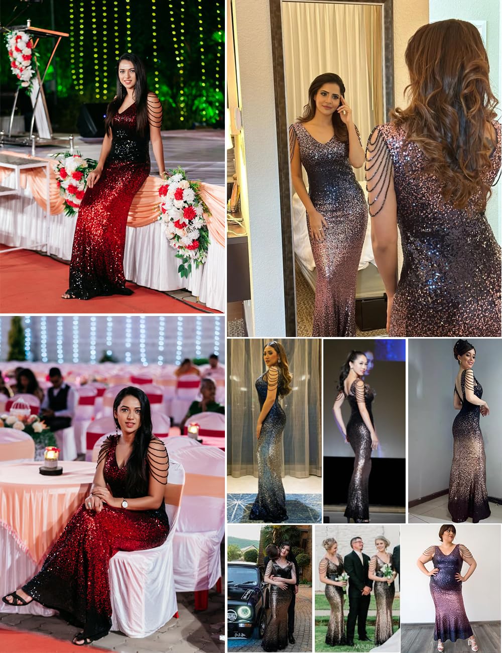 Elegant 1920s Style Women's V-Neck Sequin Evening Gown with Tassel Bead Sleeves - Mermaid Maxi Dress for Formal Parties, Military Balls & Gatsby Themed Events