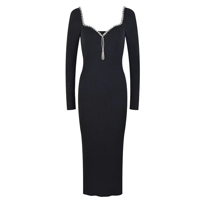 2024 French Square Neck Long Sleeve Knit Dress for Women - Elegant Solid Diamond Office Dress for Autumn Winter | Perfect for Work, Parties & Formal Occasions