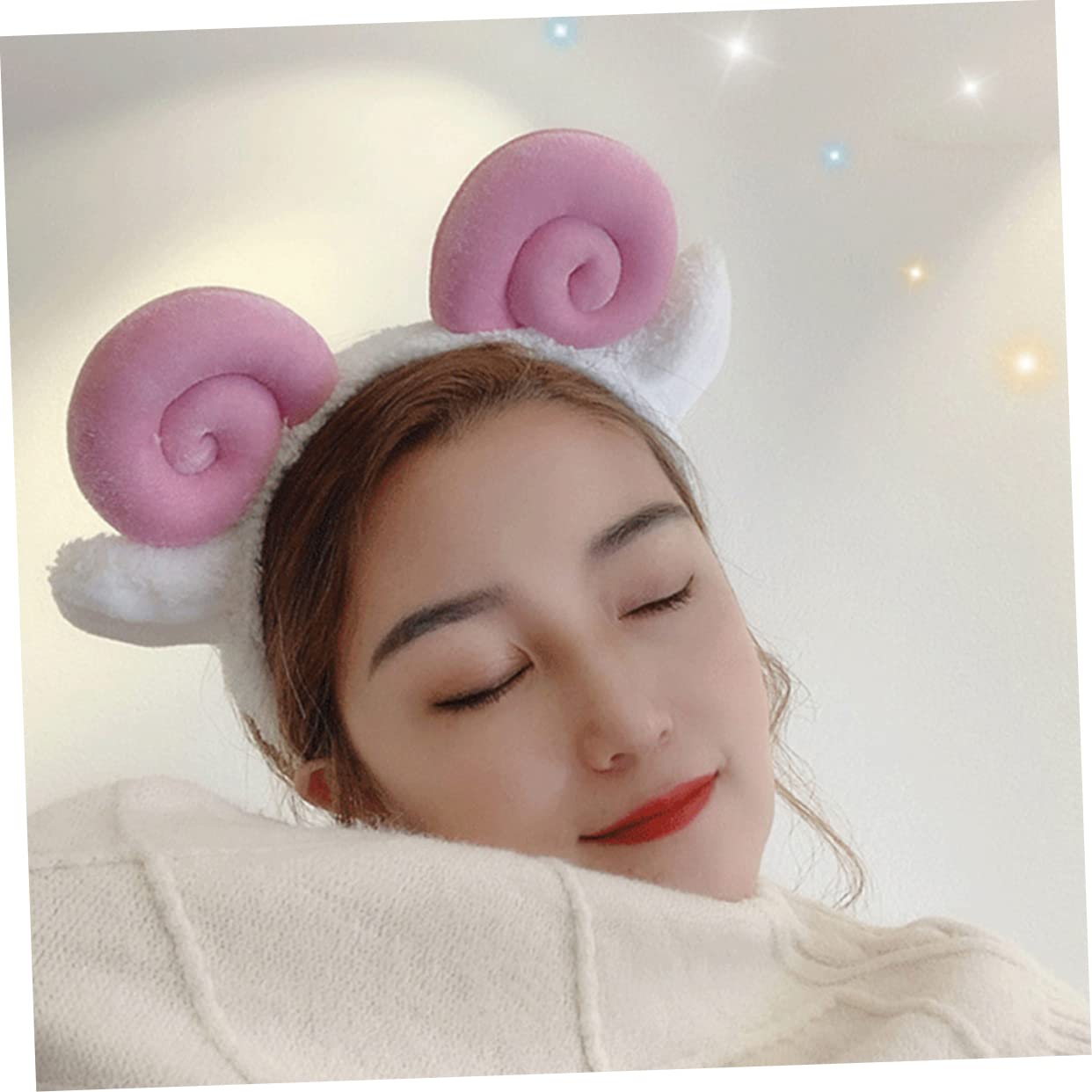 4 Pcs Croissant Headband Hair Bands for Women - Soft Sheep Ears & Alpaca Horns Hair Accessories - Cute Pink Animal Headbands for Dress Up, Cosplay & Themed Parties