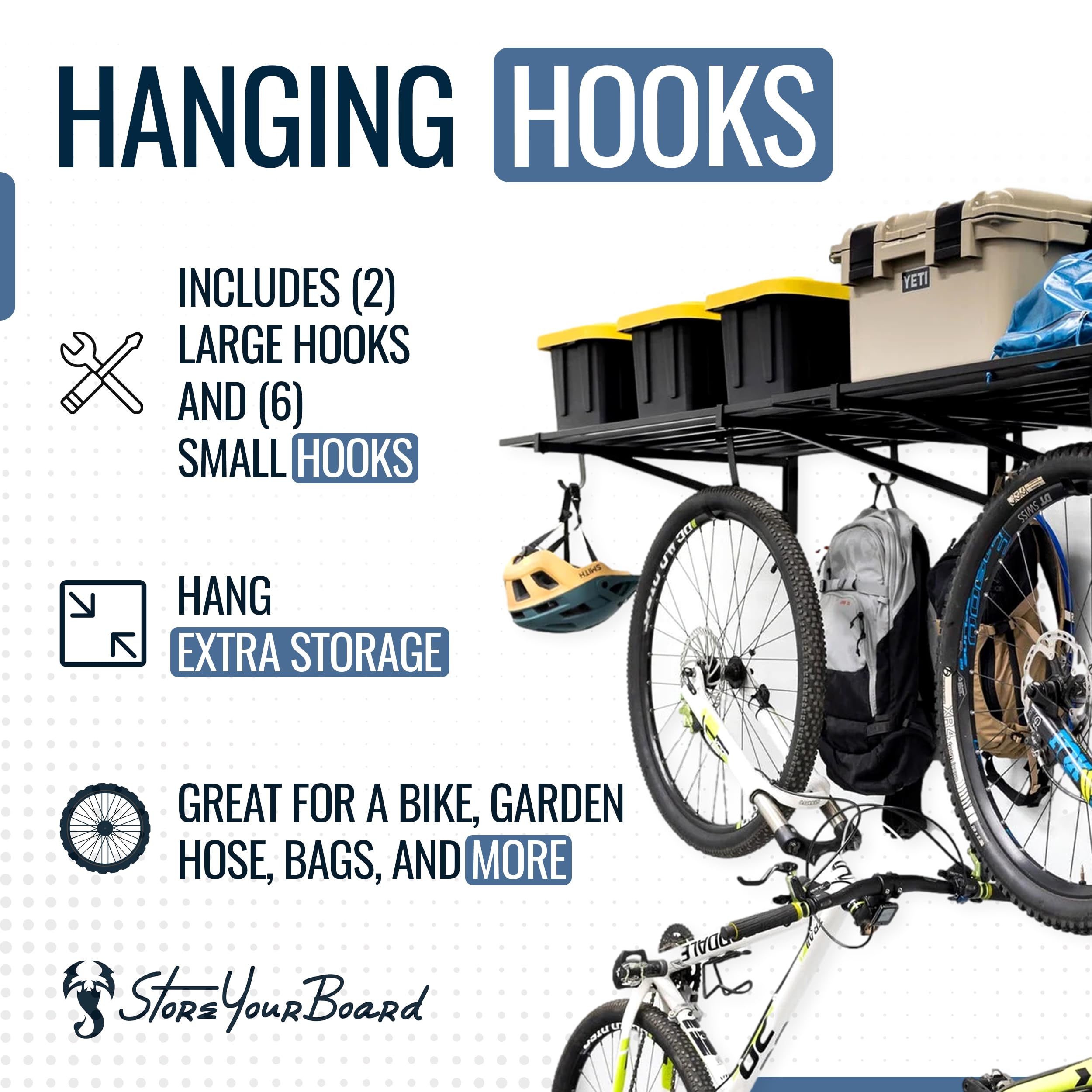 StoreYourBoard 2 Pack Heavy Duty Garage Wall Shelves - 2' x 4' Wall Mount Storage Shelf with Hooks, Holds 200 lbs Each - Perfect for Bike, Ladder, Tool & Sports Equipment Organization