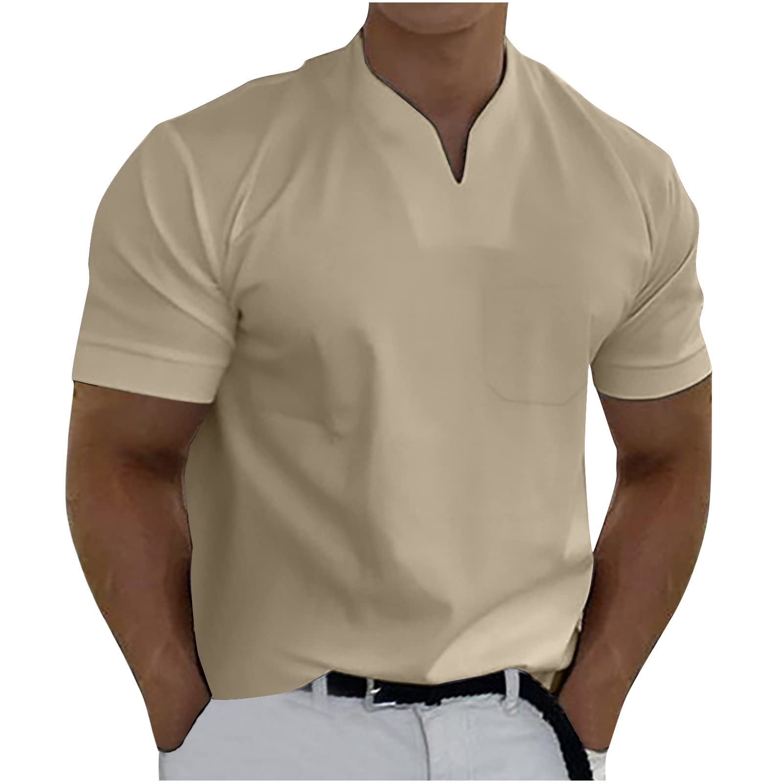 Men's Slim Fit Short Sleeve Henley Shirts - Casual V-Neck T-Shirt for Beach, Yoga & Everyday Wear - Solid Color Breathable Tee Top