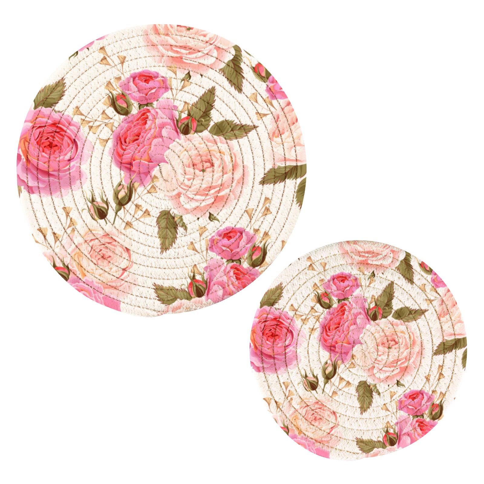 English Roses Flowers Pot Holder Trivet Set of 2 - Heat Resistant Thread Weave Hot Pads for Hot Dishes (7 & 9 Inches) - Perfect for Kitchen, Dining Table & Serving Hot Pots