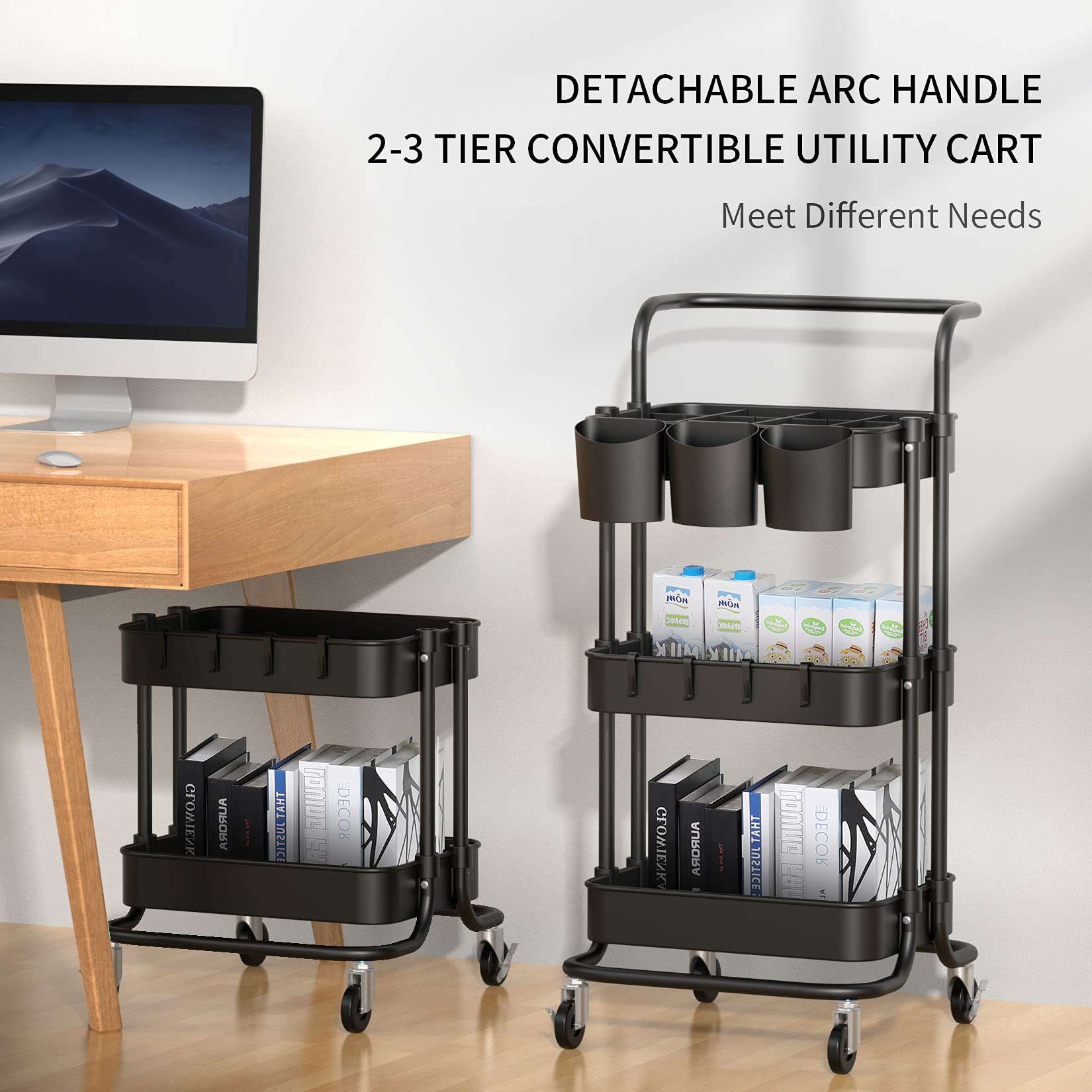 ALVOROG 3-Tier Rolling Utility Cart with Wheels & Hanging Cups - Mobile Storage Organizer for Kitchen, Office, Coffee Bar - Multifunctional Service Cart (Black) - Perfect for Home Organization, Commercial Use & Small Space Storage Solutions